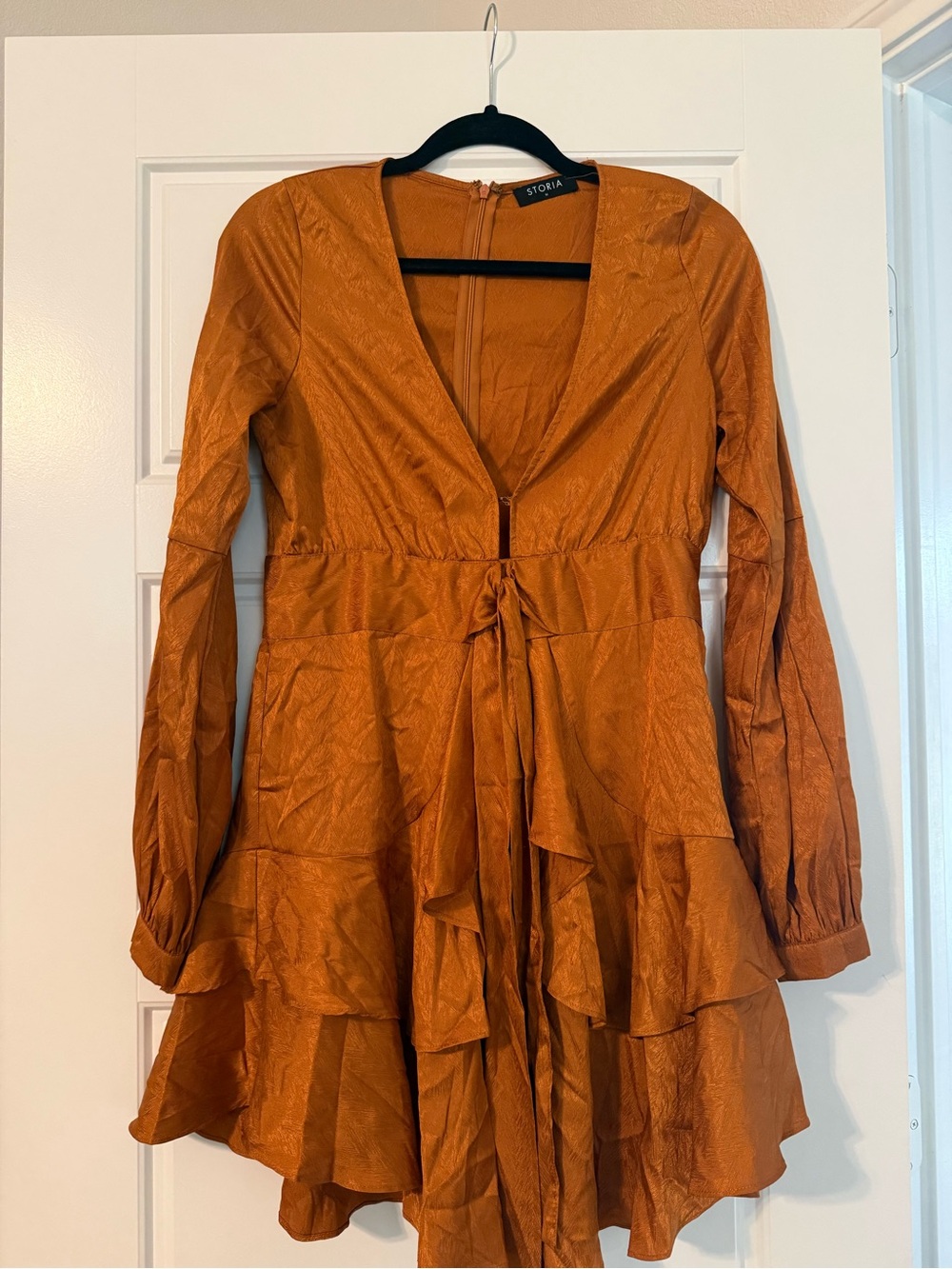 Storia Burnt Orange Long-Sleeve V-Neck Tie-Waist Ruffle Dress
